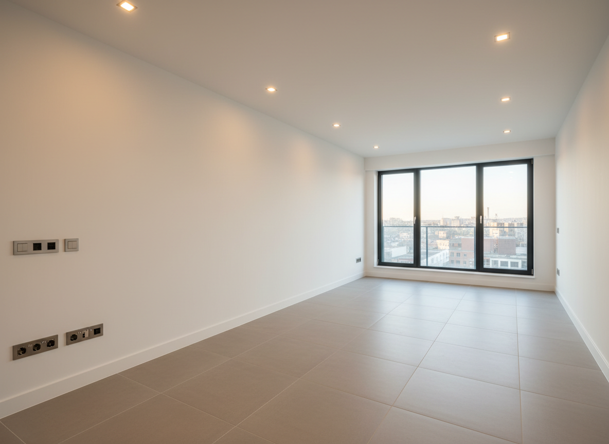 A pristine, newly completed open-plan apartment interior showcasing integral construction and high-quality finishes: smooth white plaster walls, perfectly aligned large-format porcelain tiles in a warm grey tone, and flush baseboards running cleanly along the perimeter. Discreet recessed LED ceiling lights are evenly spaced, while elegant black aluminum window frames open onto a softly blurred urban view. Near one wall, electrical outlets and network points are precisely aligned in a minimalist row. Soft natural daylight enters from the windows, complemented by warm artificial ceiling lighting, creating a balanced, inviting atmosphere. Shot at a slightly wide angle in photographic realism, with sharp focus from foreground to background, the composition conveys a sense of order, professionalism, and turn-key delivery after an integral renovation.