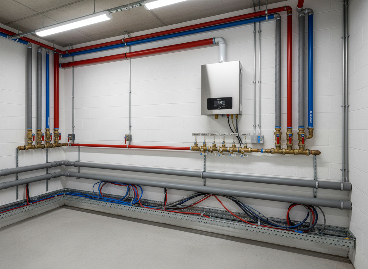 A detailed technical corner of a mechanical room showcasing expertly installed building systems: insulated heating pipes in red and blue, neatly routed along a clean white masonry wall; a compact, wall-mounted condensing boiler with a digital display; and meticulously arranged copper manifolds with labeled valves. Beneath, a tidy row of PVC drains runs parallel to cable trays carrying grouped electrical conduits in protective tubing. The room’s concrete floor is spotless, reflecting soft overhead LED lighting that creates clear but gentle shadows, emphasizing order and precision. Photographic realism at eye-level, with a slightly compressed perspective, highlights the integration of heating, sanitary water, and electrical installations. The mood is highly professional and technical, reinforcing trust in comprehensive project management and flawless execution of invisible but crucial systems.