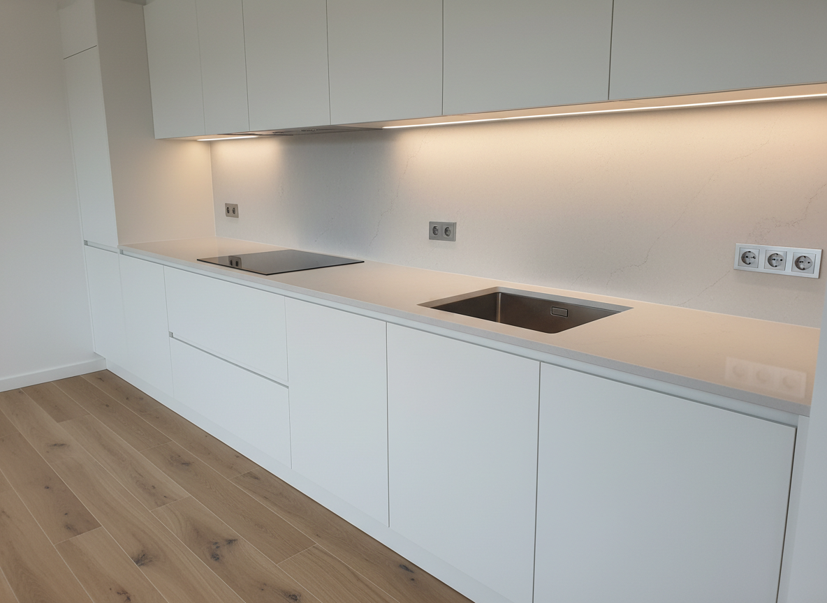 A stylish, fully renovated kitchen that highlights integral construction work: custom matte white cabinetry with minimalist handles, perfectly integrated into a straight wall; a continuous light grey quartz countertop with an under-mounted stainless steel sink and precise silicone joints; and a sleek glass-ceramic cooktop seamlessly flush with the surface. Above, a recessed linear LED strip casts even, warm light across a textured porcelain backsplash that imitates natural stone. Electrical sockets are symmetrically placed and aligned, while the floor features wood-look ceramic planks laid with tight, uniform joints. Photographic realism from a slightly elevated, three-quarter angle shows the entire workspace with sharp focus, capturing the clean, modern atmosphere. The mood is calm and orderly, emphasizing craftsmanship, attention to detail, and high-end finishes after a full renovation.